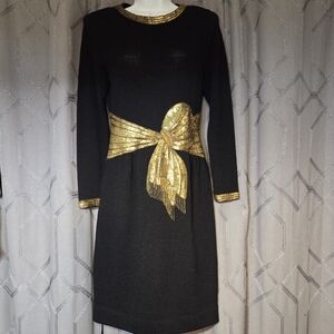 Vintage 80s Don Sayres Black Knit Gold Sequins Beads Sweater Dress S